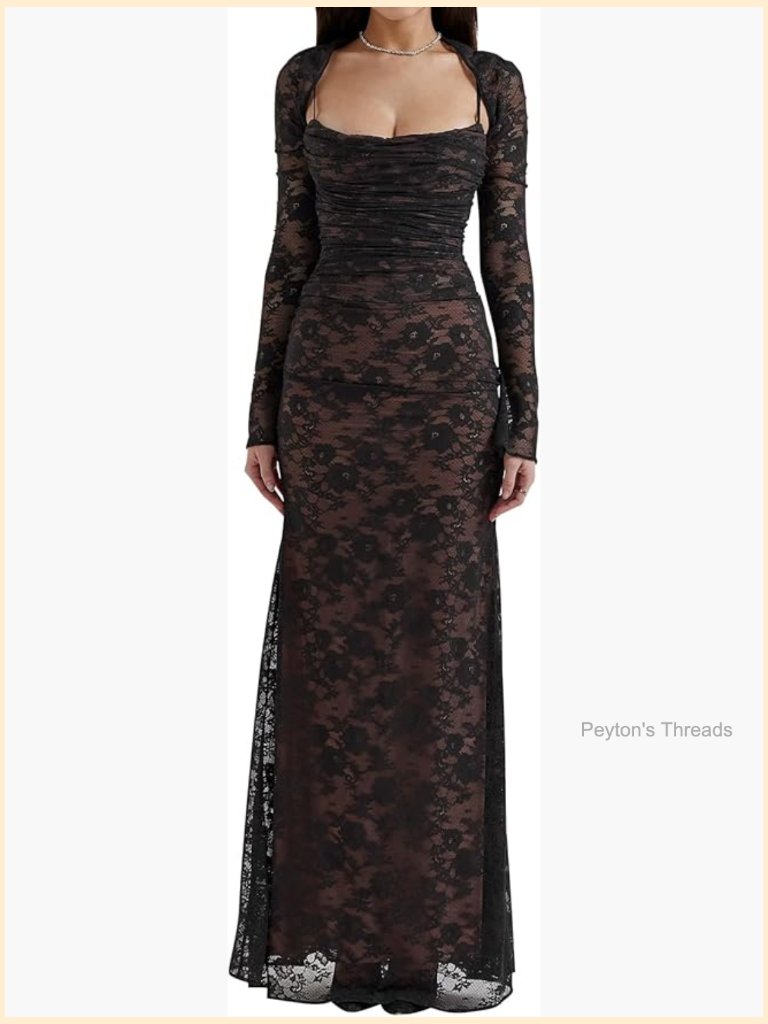 Vintage Cream Lace Maxi Dress Long Sleeve Bodycon Mermaid Dress